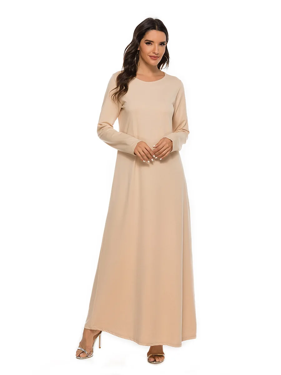 

Women's Muslim Prayer Dress Solid Color Long Sleeve Round Neck Long Dresses Casual Loose Middle East Kaftan Arab Islamic Robe