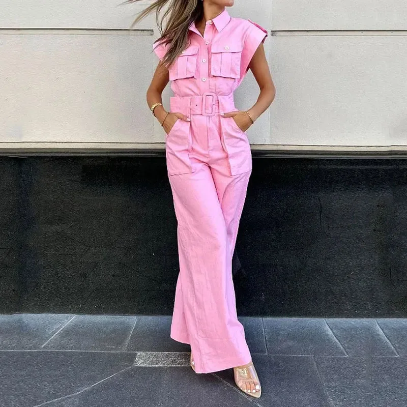 

Jumpsuits Women Pink One Piece Sleeveless Summer High Waist Wide Leg Long Pants Overalls Y2k Casual Work Rompers 2024 Bodysuit