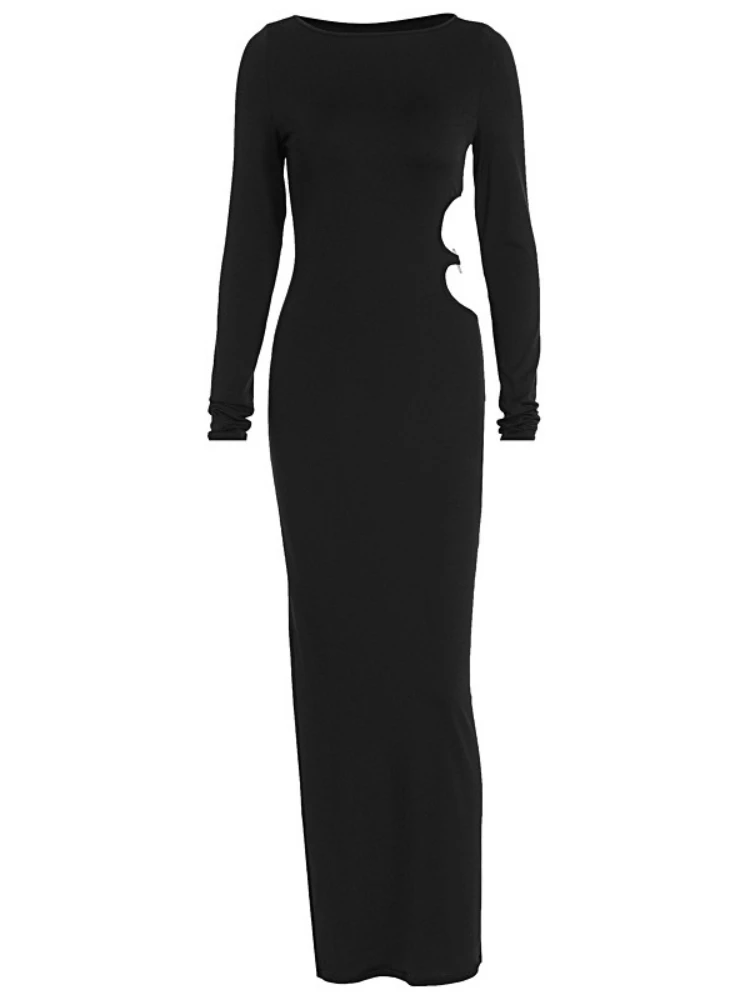 SsTss 2025 أزياء المرأة الخريف Bodycon اللباس الصلبة س الرقبة طويلة الأكمام قطع التفاصيل سليم صالح حزب ماكسي اللباس العصرية الزي