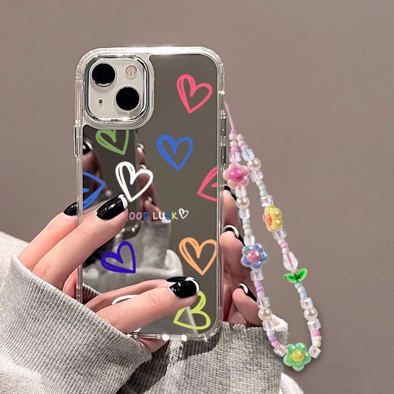 Colorful Makeup Mirror  Beaded Bracelet Phone Lanyard Cases For iPhone 13 Pro Max Case iPhone 15 12 11 14 13 Pro X XS XR Cover