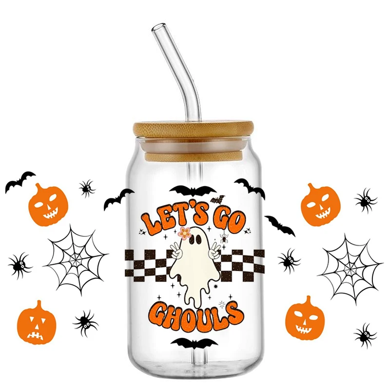 Miniso Halloween Ghost Decal 3D UV DTF Cup Wrap for 16oz Libbey Glasses DIY Cartoon Washable Cup Transfers Sticker