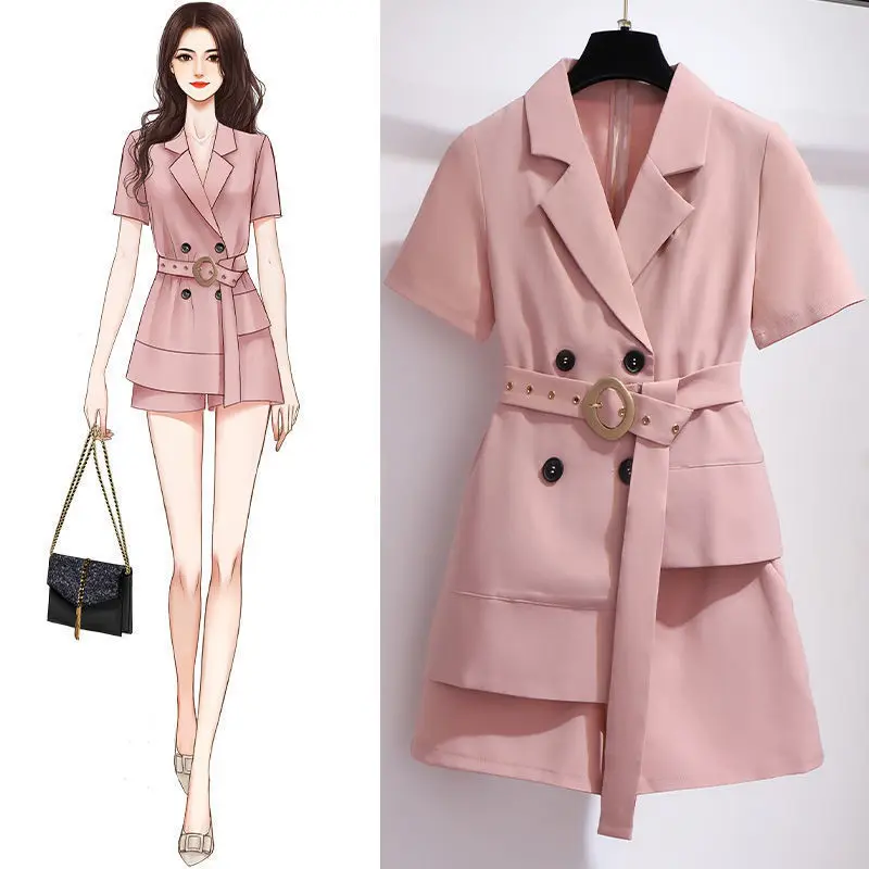 2022 New Lapel Irregular Shorts Casual Suit Women Elegant Two Piece Sets Womens Outifits Professional Work Clothes Female Set