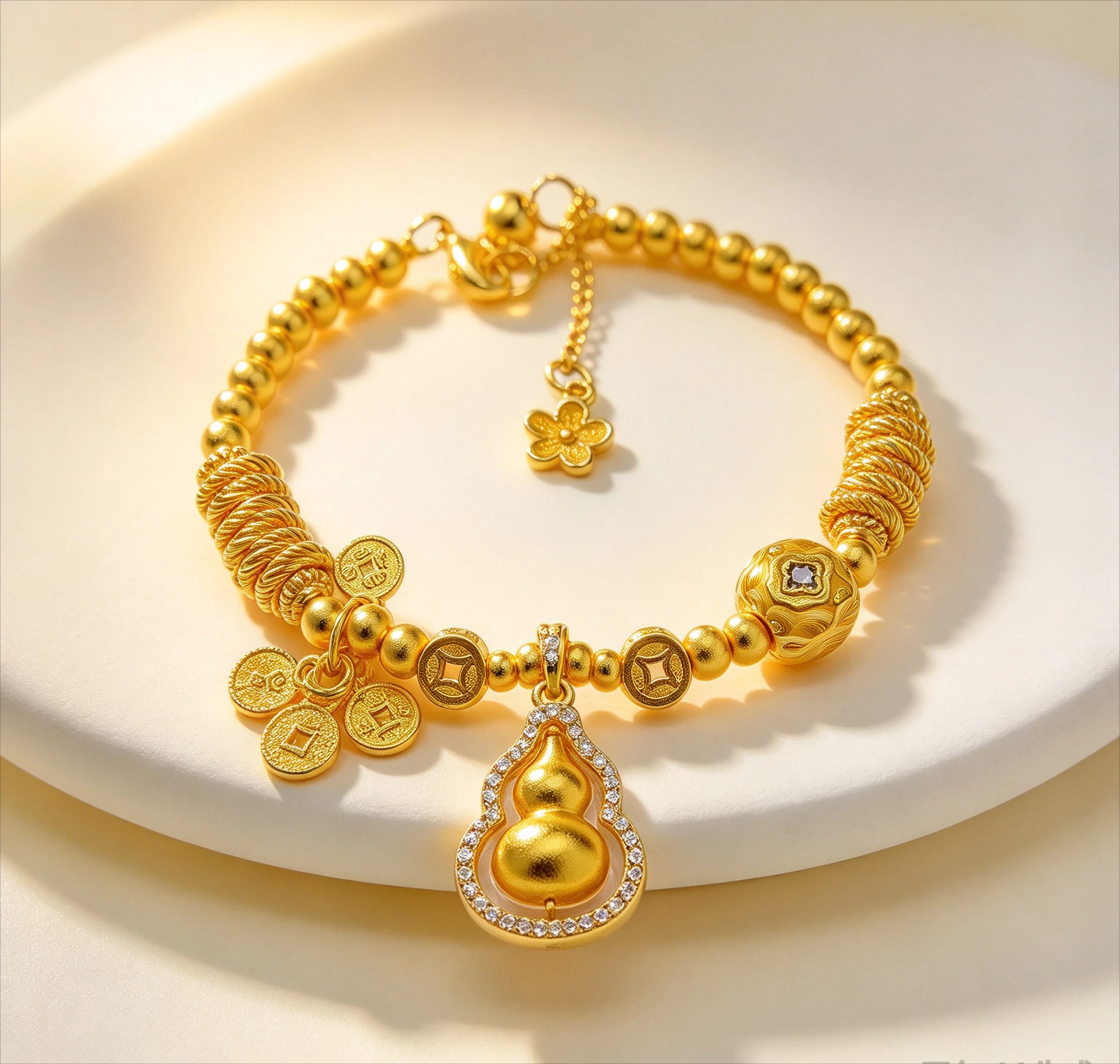 9999 24K real gold point drill rotating small gourd safe transport beads disk wrap bracelet women's high-end disk wra