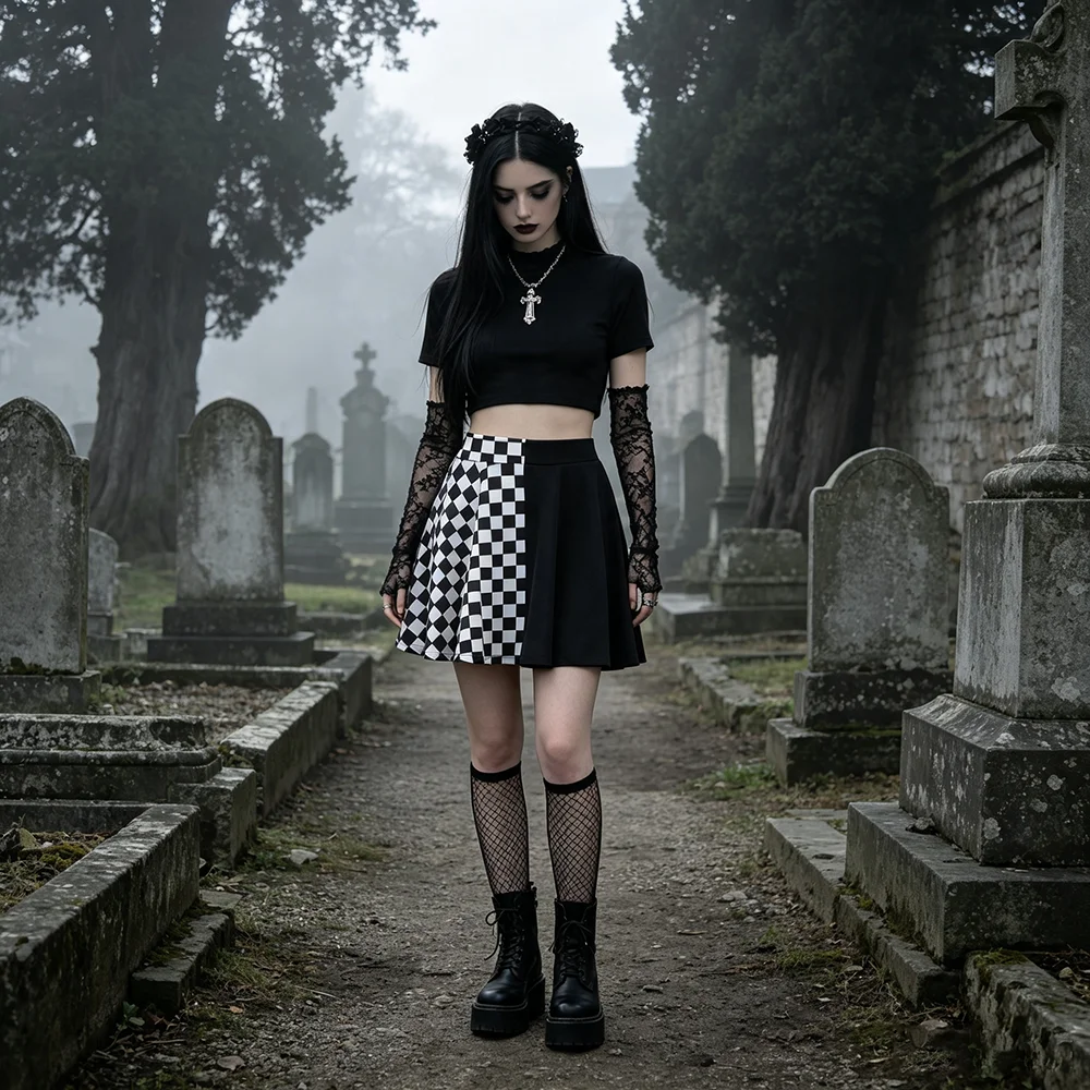 Girly Gothic Contrast Color Houndstooth Stitching Mini Skirt Summer Sexy High Waist A-line Pleated Skirt