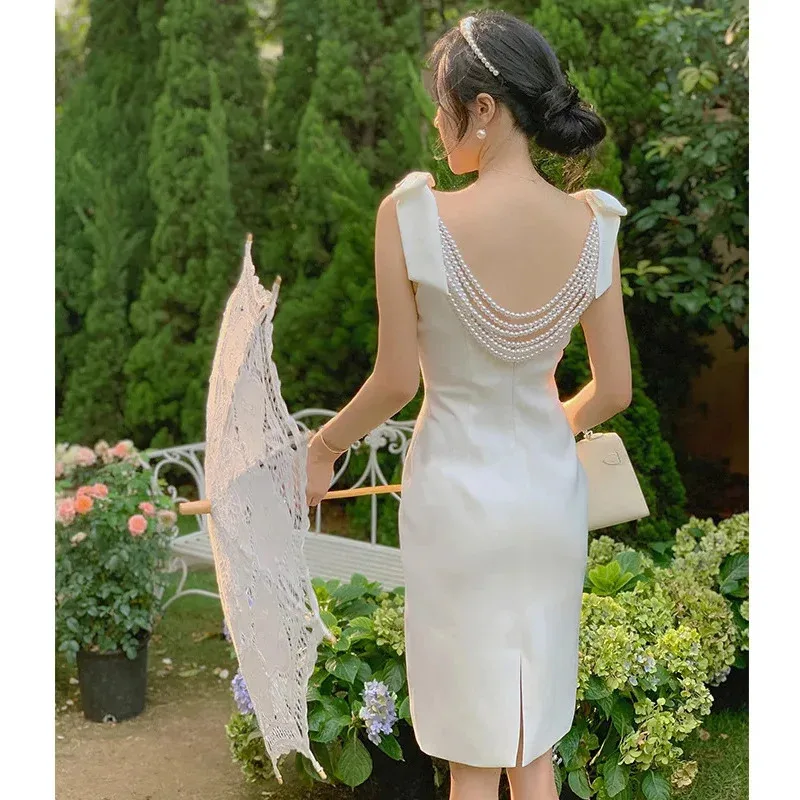 

Celebrity Pearl backless design sense bow slim white evening dress skirt bg1610b;4.f'7;j,3'