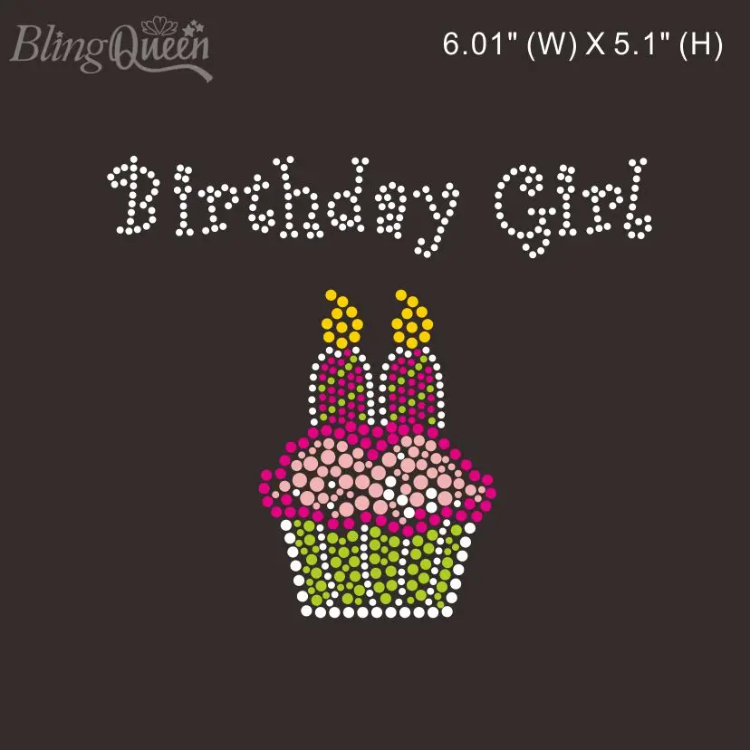 BlingQueen-Hot fix rhinestone transfers, Iron on Crystal Motifs Patches, Birthday Girl Cupcake Design,25Pcs Lot