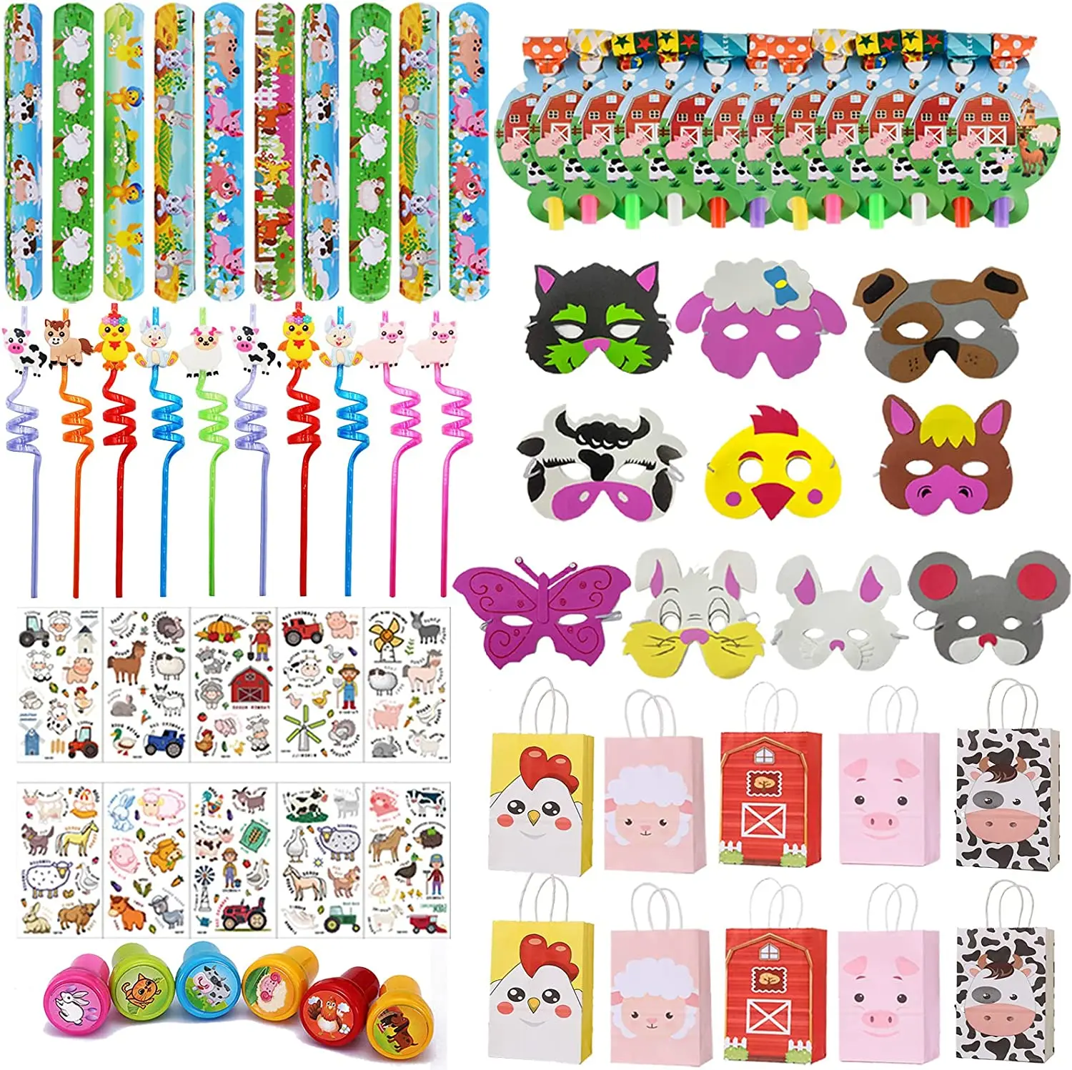 Sursurprise-Farm Animals Party Favors Set, Animal Masks Sticker, Pat Circle Bracelet, Stamper Gift Bags for Kids Birthday, 72Pcs