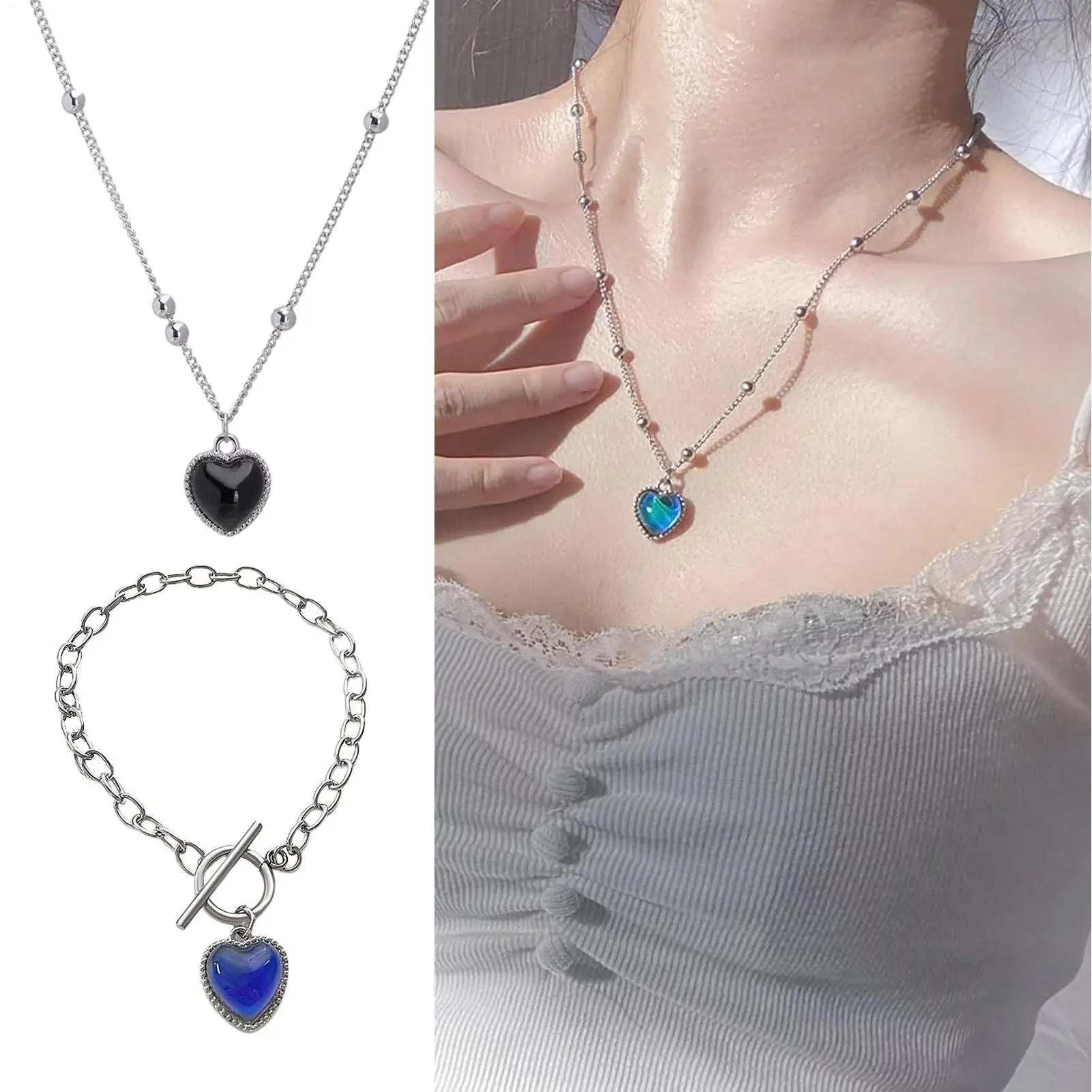 Thermochromic Love Pendant Necklace Color Changing Temperature-Sensitive Color-Changing Love Necklace for Women's Birthday