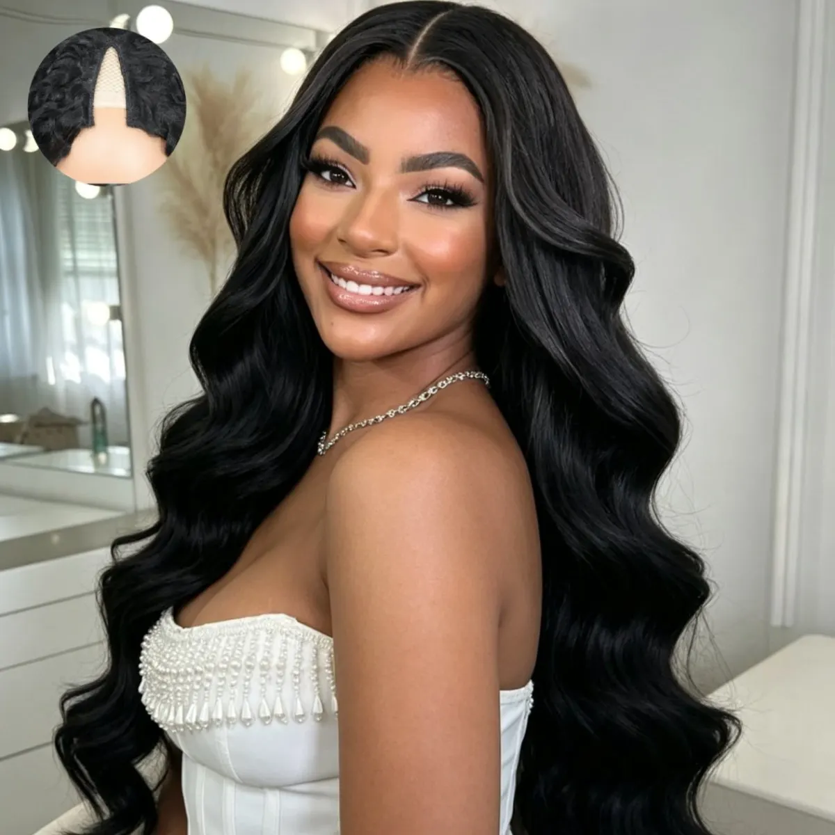 

Накладной парик из натуральных волос с эффектом свободной волны для женщин, плотность 250%, готовый к ношению, натурального цвета, улучшенный, без клея, с V-образным вырезом, парик с эффектом естественной волны из натуральных волос