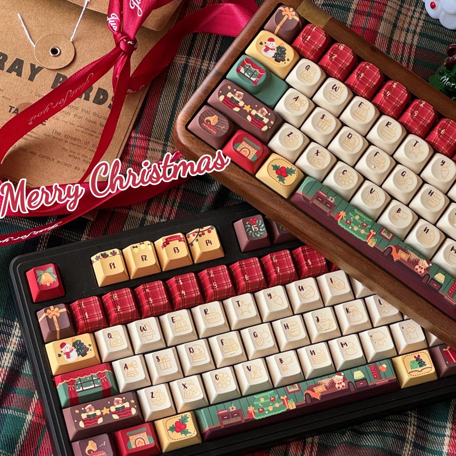 MAIMOOO Christmas Gift Keycap Cherry SOA Profile PBT Custom Red Green Hand-painted Cute Xmas Keycaps for Mechanical Keyboard