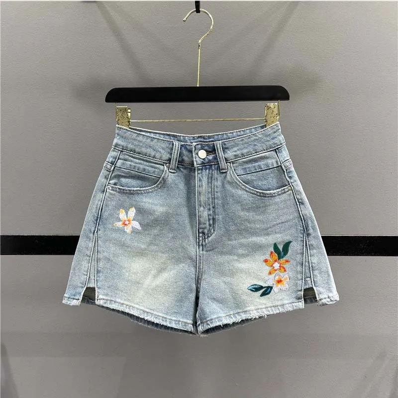 

Flower Printed Design Denim Shorts Women Summer High Waist Slim Was Thin Wide Leg Short Jean r30