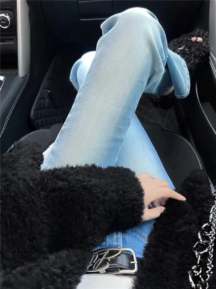 

Американские ретро-джинсы больших размеров с низкой посадкой, расклешенные, женские, осенне-зимние, облегающие, эластичные, светлые, в пол