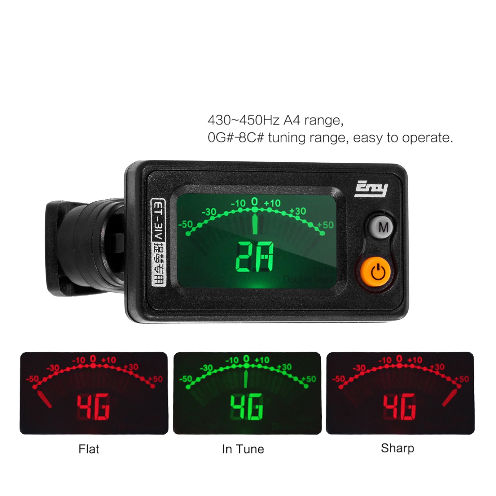 ET-31V Multi-function Clip-on Tuner Automatic Tuning Mode for Violin Viola Cello Double Bass Chromatic with LCD Display