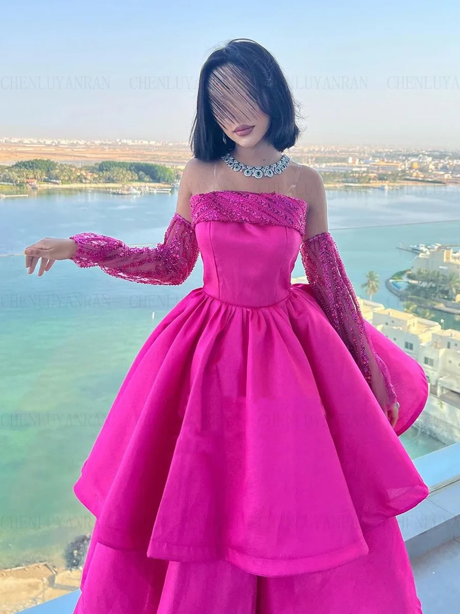 

Hot Pink Formal Occasion Dresses 2023 Sequin A-line Satin Ball Gowns Tiered Tea-Length Evening Party Gowns فساتين الحفلات