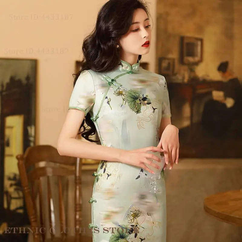 Print Flower Lady Qipao Cheongsam Elegant Vintgae Button Chinese Dress Traditional Oriental Clothing Vestidos Summer Satin Dress