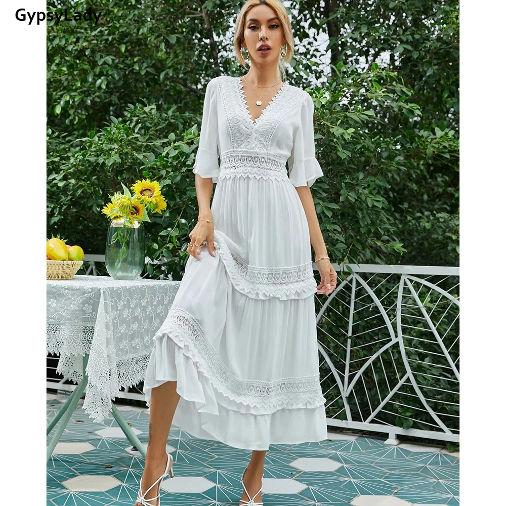 GypsyLady White Lace Maxi Dress 100% Cotton Vintage Women Summer Holiday Dress Casual Chic Ruffle Boho Sexy Ladies Beach Dresses