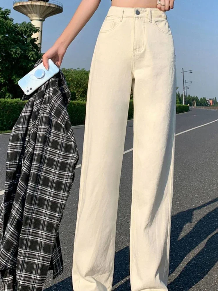

Woman High Waist Wide Leg Jeans Girls Casual Denim Straight Leg Pants Female White Black Blue Light Blue Beige Loose Trousers