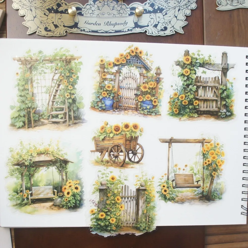 15pcs Vine Around Wooden Fence Gate Courtyard Style PVC Sticker Scrapbooking Background DIY Gift Decoration Tag