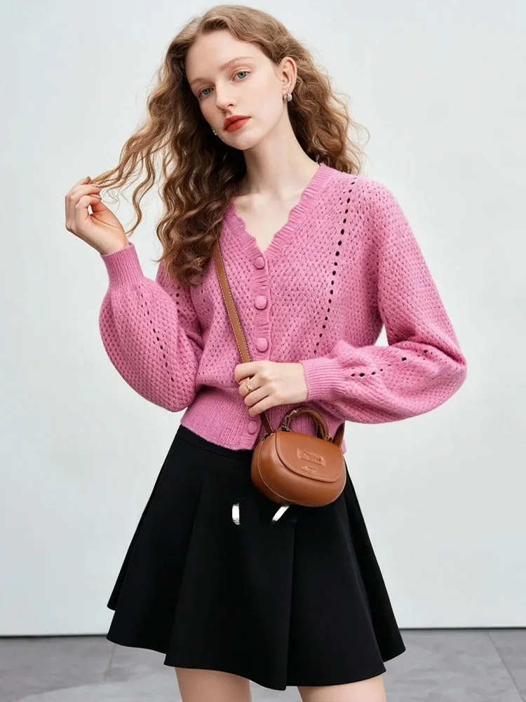 

Мягкий кружевной вязаный кардиган ZhuoZhi с V-образным вырезом, весна 2026, новинка, розовый, ажурный дизайн, женский модный топ во французском стиле с длинными рукавами