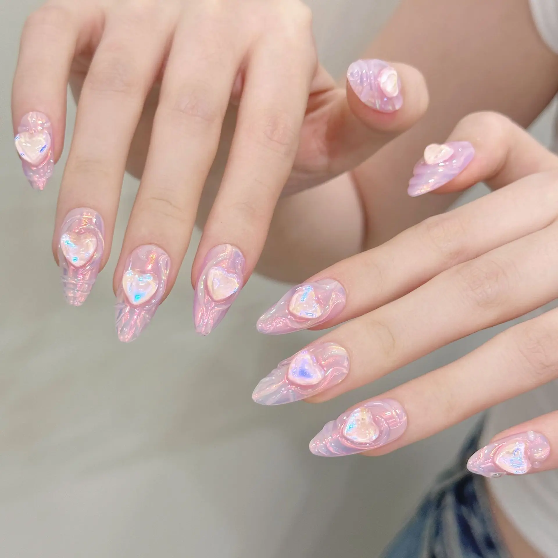 10 PCS Luxury Handmade Press on Nails Middle Almond Pink Angel Design with 4-PIECE Tool Adhesive Nail Glue Tabs