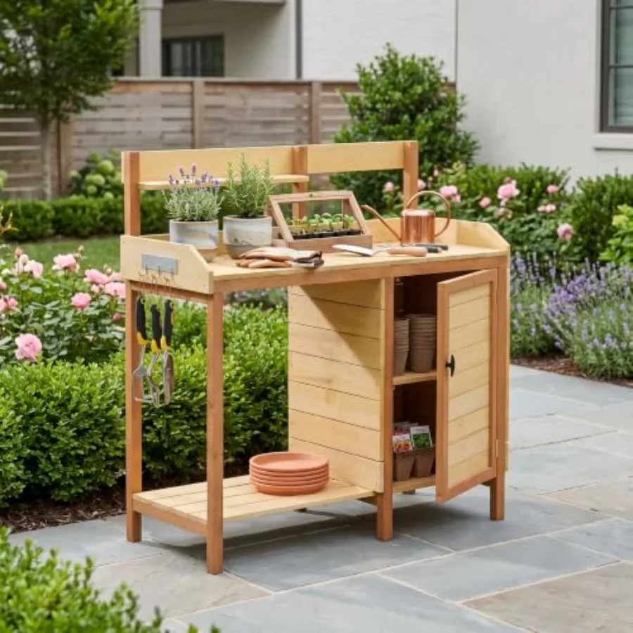 Outdoor Potting Bench Table with Storage, Sliding Tabletop and Tool Hooks