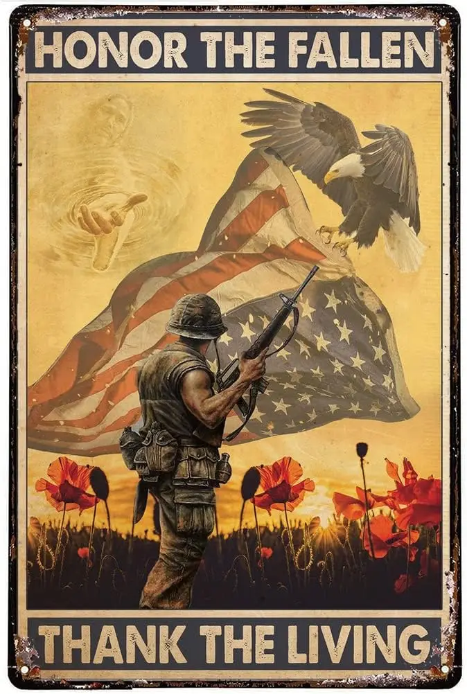 Y1,Licpact Memorial Day Veteran Tin Sign The Fallen Thank Living Poster Veterans Decor Plaque for Garage Man Cave Office Home Co