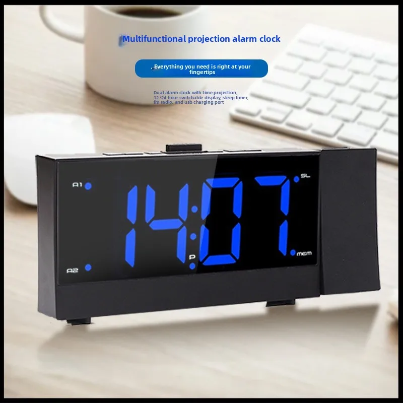 Projection alarm clock LED large screen display electronic clock creative radio simple bedside digital silent luminous