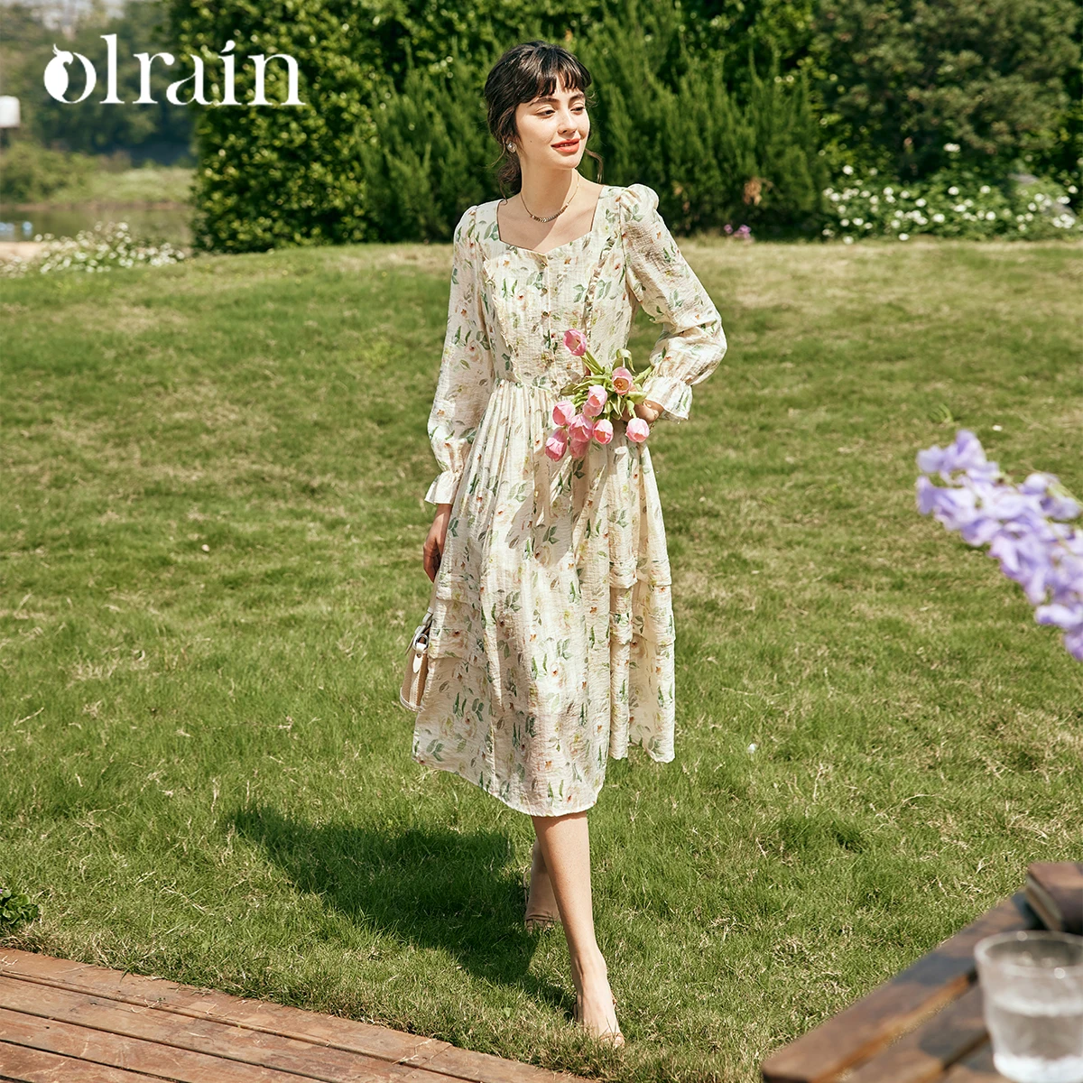 

OLrain French Square Collar Floral Dresses 2025 Woman 2025 Autumn Elegant Ladies Print Fitted Midi Tea Break Dress O23CL69855