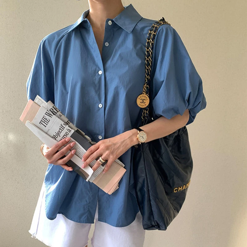 Fashion Blue Short Sleeve Loose Casual Shirt Women Summer Puff Seeve Blouse Women Tops Slim Elegant Vintage Lady Shirts New 8385