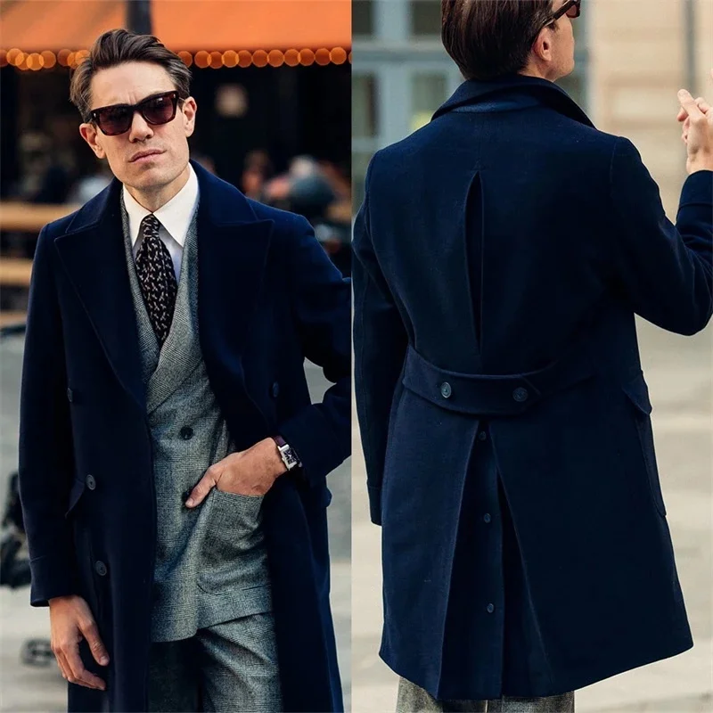 Navy Blue Woolen Men Suit Overcoat Winter Thick Long Jacket Double Breasted Male Party Prom Tuxedos Business Outfit Custom Made