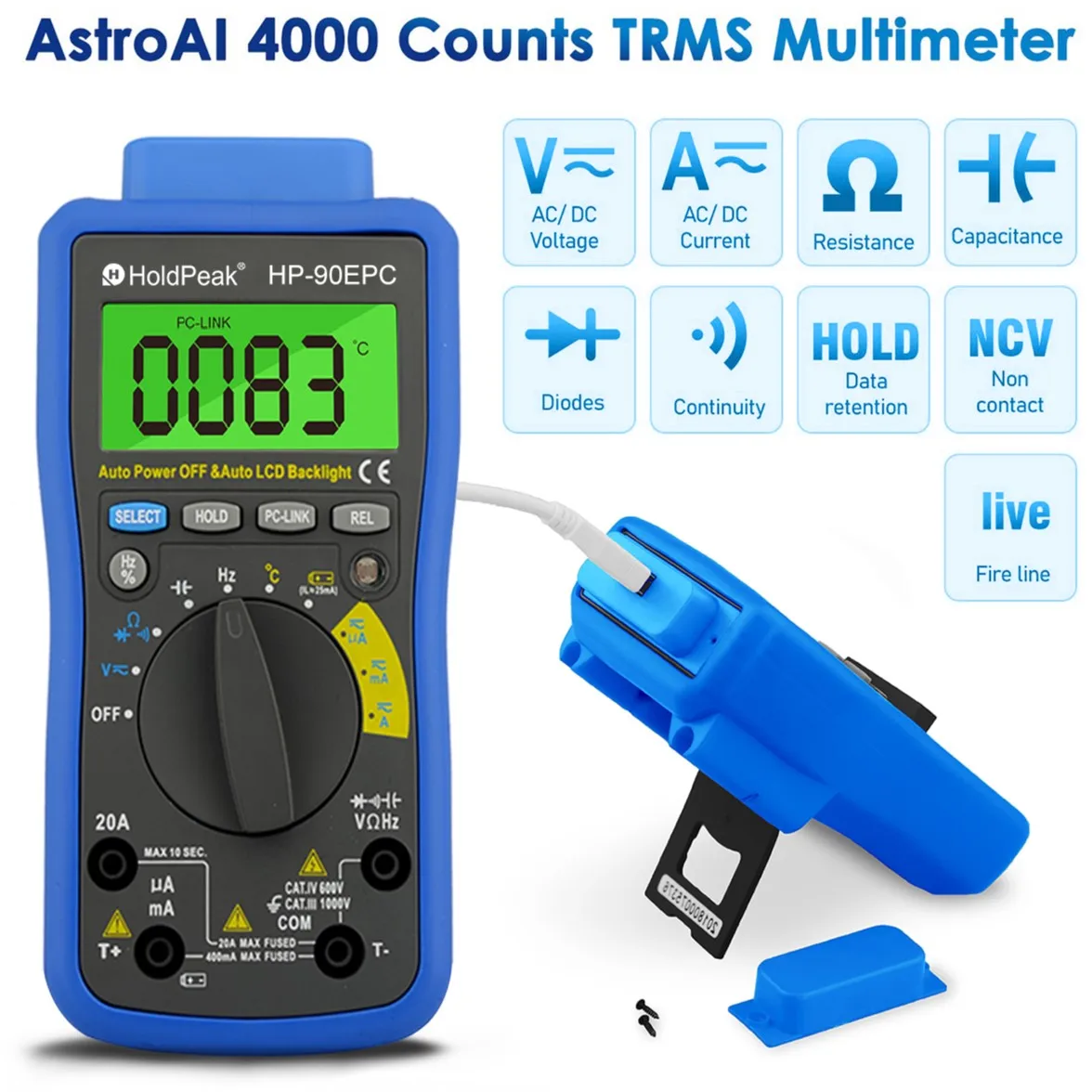 HoldPeak HP-90EPC Slim Portable Digital Multimeter 4000 Count LCD Drop-proof Measure Voltage Current Resistance Temperature