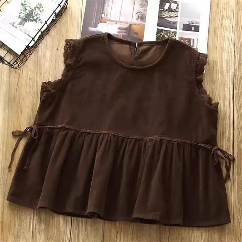 Japanese Wind Sleeveless Corduroy Vest For Women Spring Summer 2024 Lace Edges Cute Doll Style Shirts Trendy Waistcoat K2347