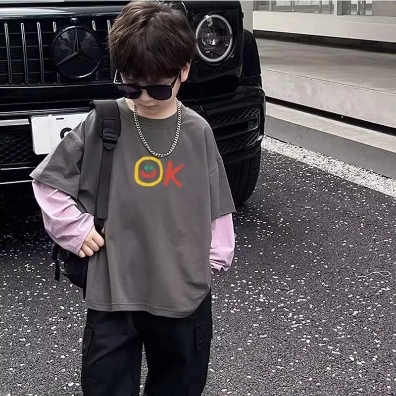 Fake Two Pieces Child Clothes 3 Years Children's Clothing Boys Kids 7 14 T-shirt Boy Tee Elementary Student Men's Graphic Shirts