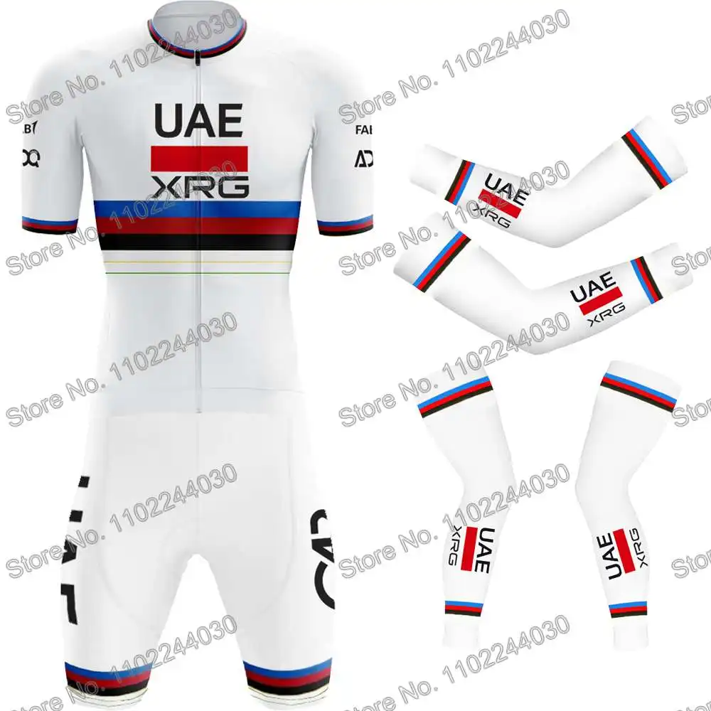 UAE Team ٢٠٢٥ بطل العالم طقم قميص ركوب الدراجات للرجال صيف قفازات نصف أصابع دراجات جبلية دراجات سباقات الطرق أغطية أحذية دفايات للذراعين دفايات للساقين