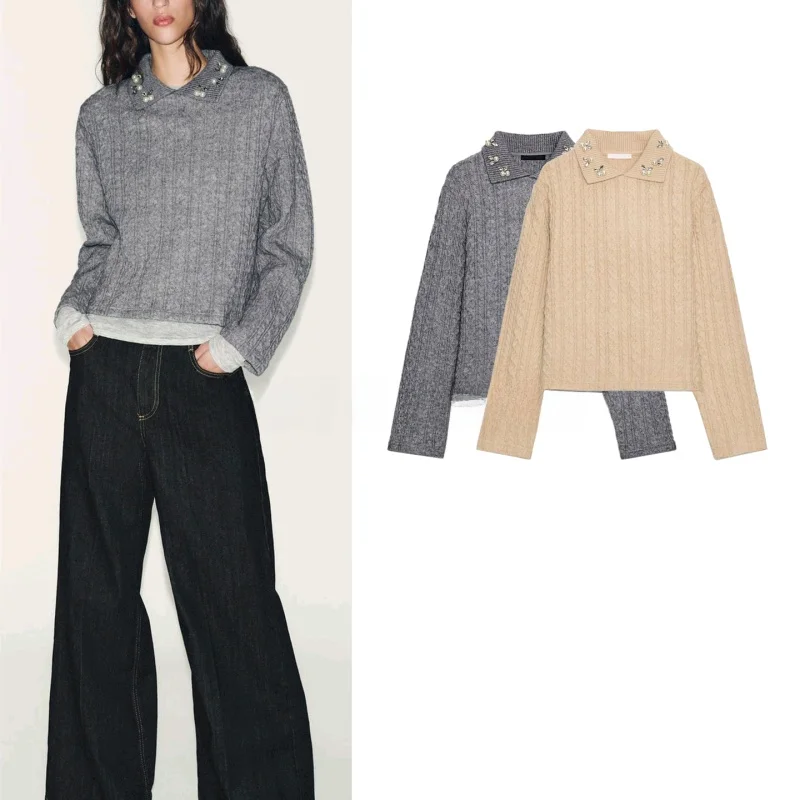 

Осень-зима, Новое поступление, женские свободные длинные ювелирные изделия с отложным воротником, вязаный свитер, простой повседневный полиэстер...