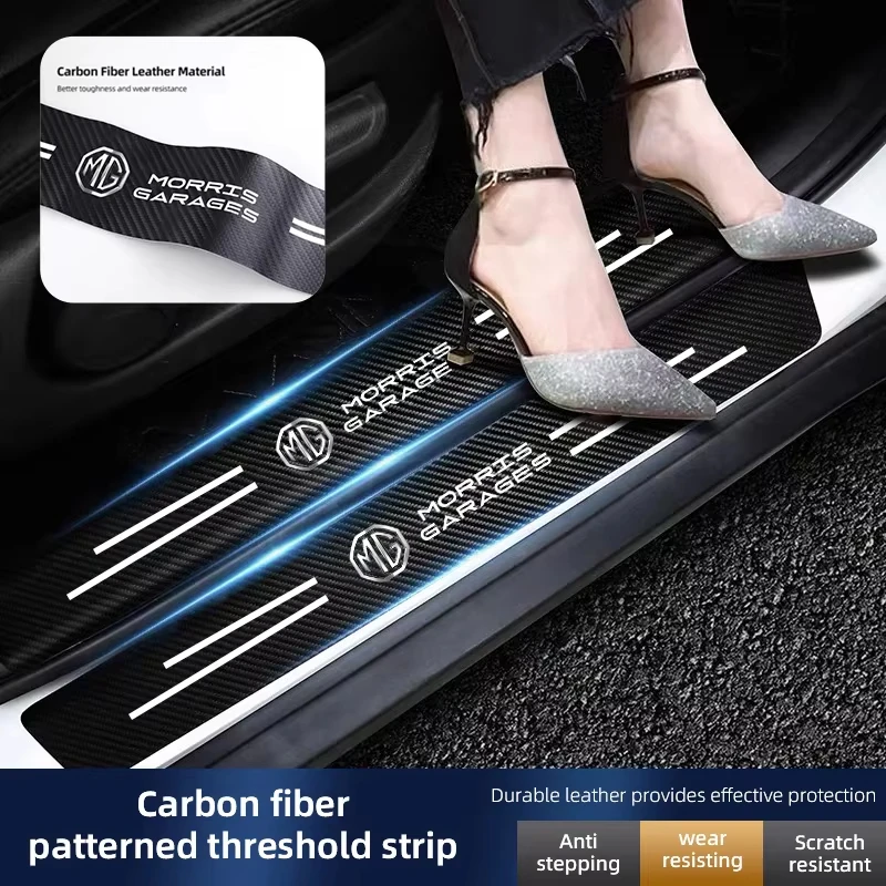 Pegatinas de alféizar de puerta de coche, Protector antipasos de cuero y fibra de carbono para Morris Garages MG MG3 MG5 MG6 MG7 GT GS Hector HS ZS ZX