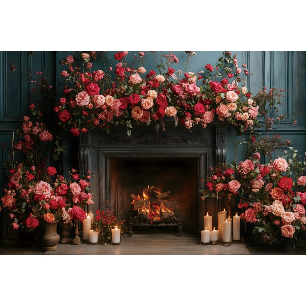 Flowers Floral Backdrop February 14th Valentine's Day Retro Fireplace Couple Art Portrait Wedding Photography Background Decor