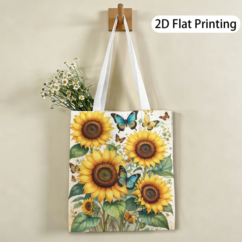 1pc Sunflower & Butterfly Themed Printed Tote Bag, Reusable 
