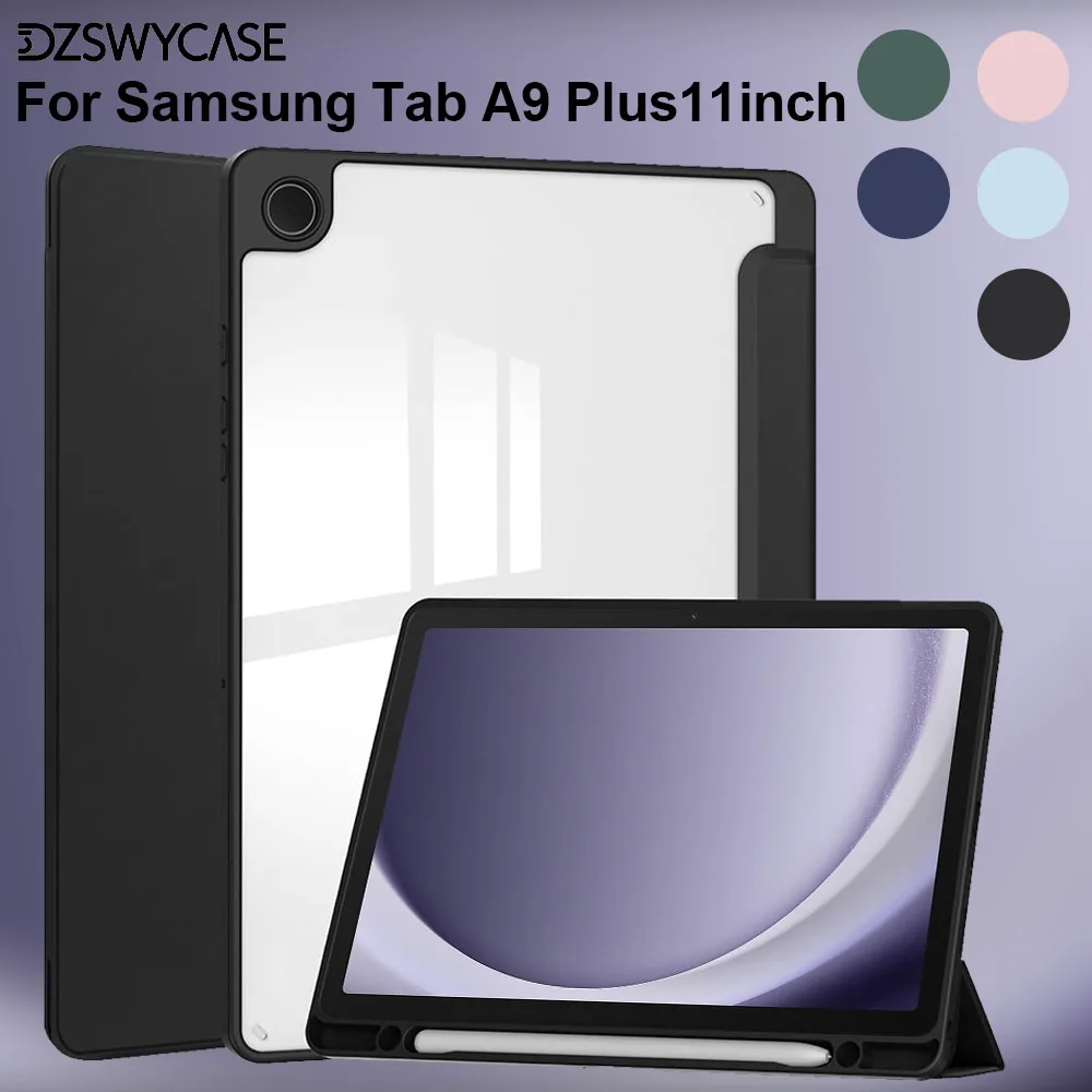 Case for Samsung Galaxy Tab A9/A11 Plus 11 inch, Trifold Stand Cover with Pencil Holder, Transparent Back Shell Auto Wake/Sleep