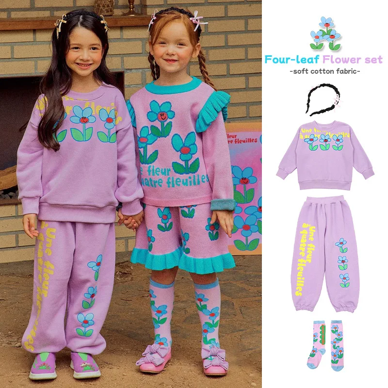 

Korean Girls Boys Sweatshirts Pants 2023 AW New Autumn Children's Purple Flower Printed Hoodies Suit Children's Clothings