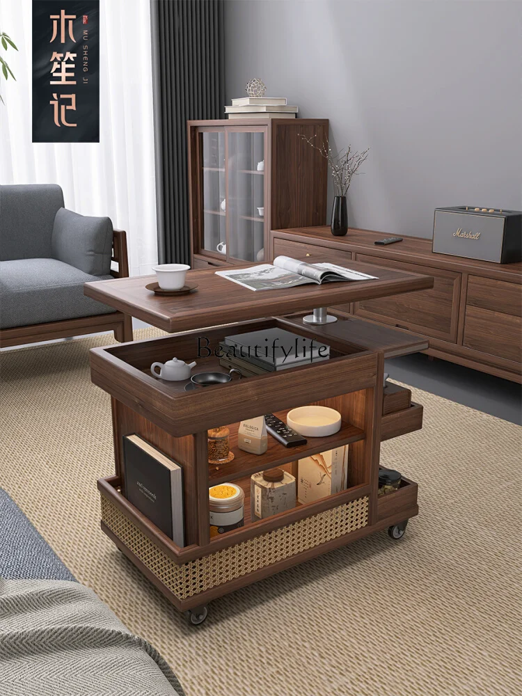 Solid Wood Lifting Tea Table Multifunctional Movable Side Table Black Walnut Living Room Trolley Tea Table