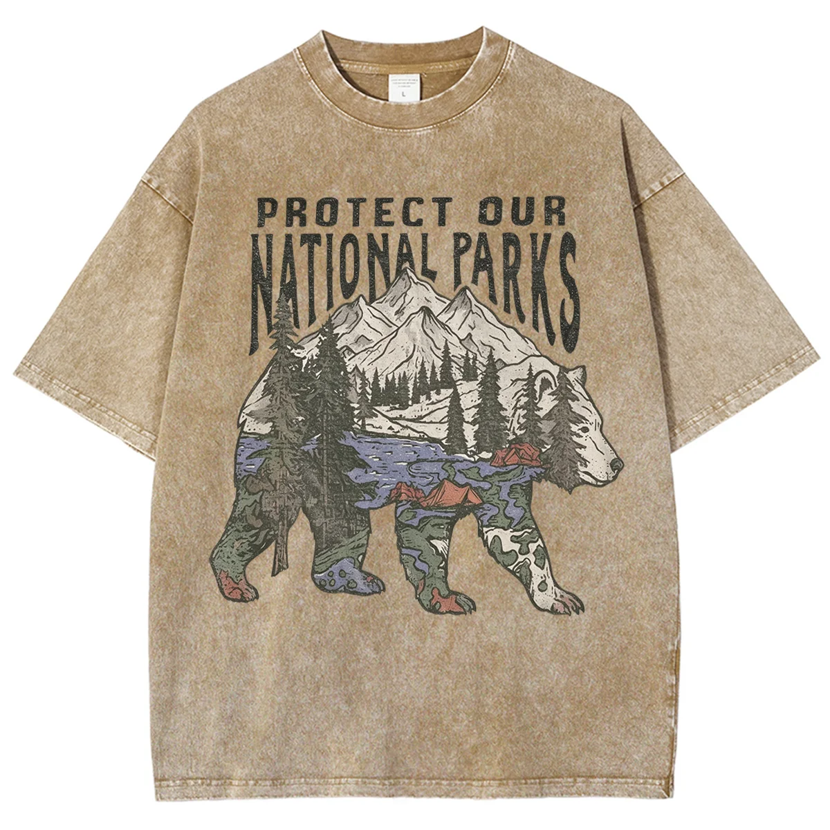 Unisex Washed Crew Neck Short Sleeve T Shirt Protect Our National Parks Bear Mountain Landscape Graphic Tee Outdoor Retro Casual