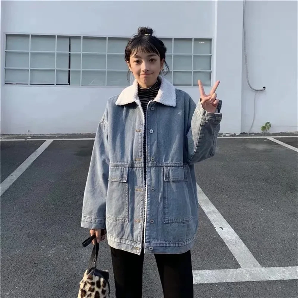 Herfst Winter Dikke Streetwear Blauw Plus Fluwelen Denim Jas Vrouwen Koreaanse Oversized Korea Stijl Vrouw Jas Casual Warm Los