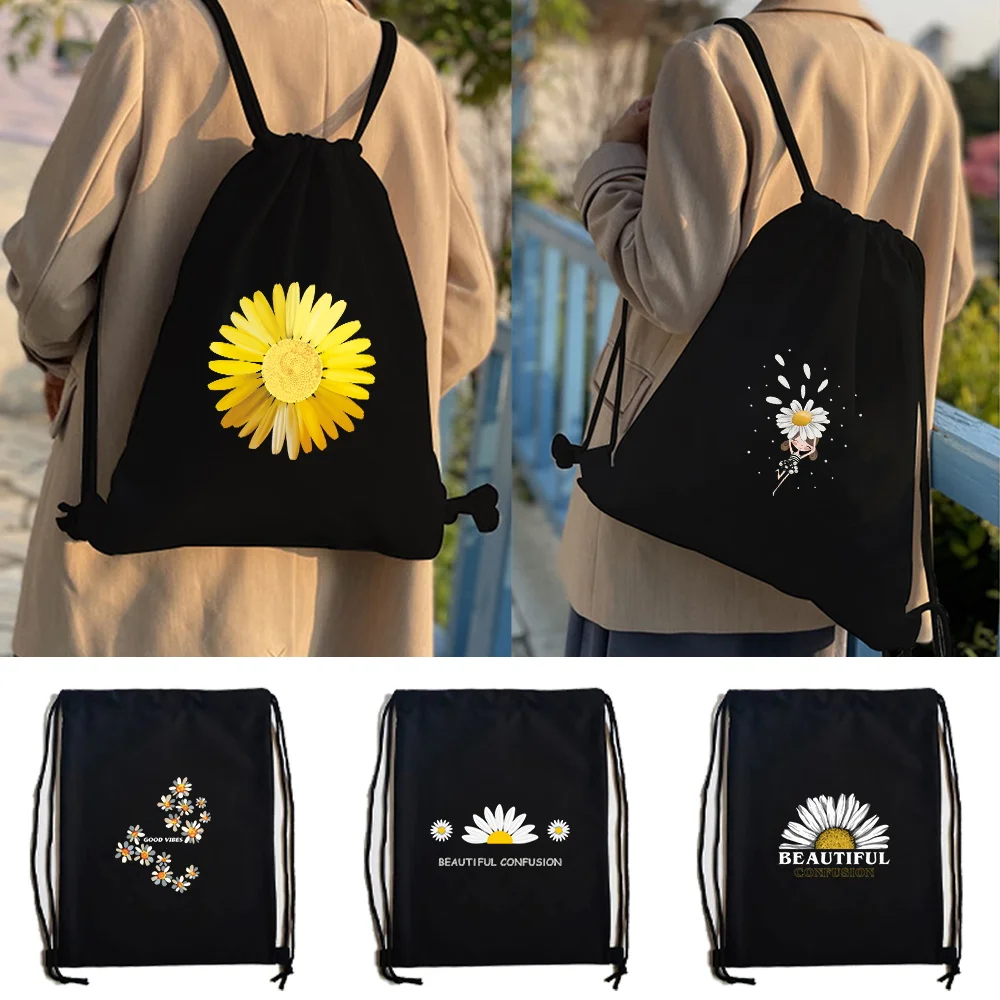 Portable Men Women Sports Gym Bag Drawstring Bag New Daisy Print Foldable Backpack Shoes Clothes Yoga Running Fitness Travel Bag