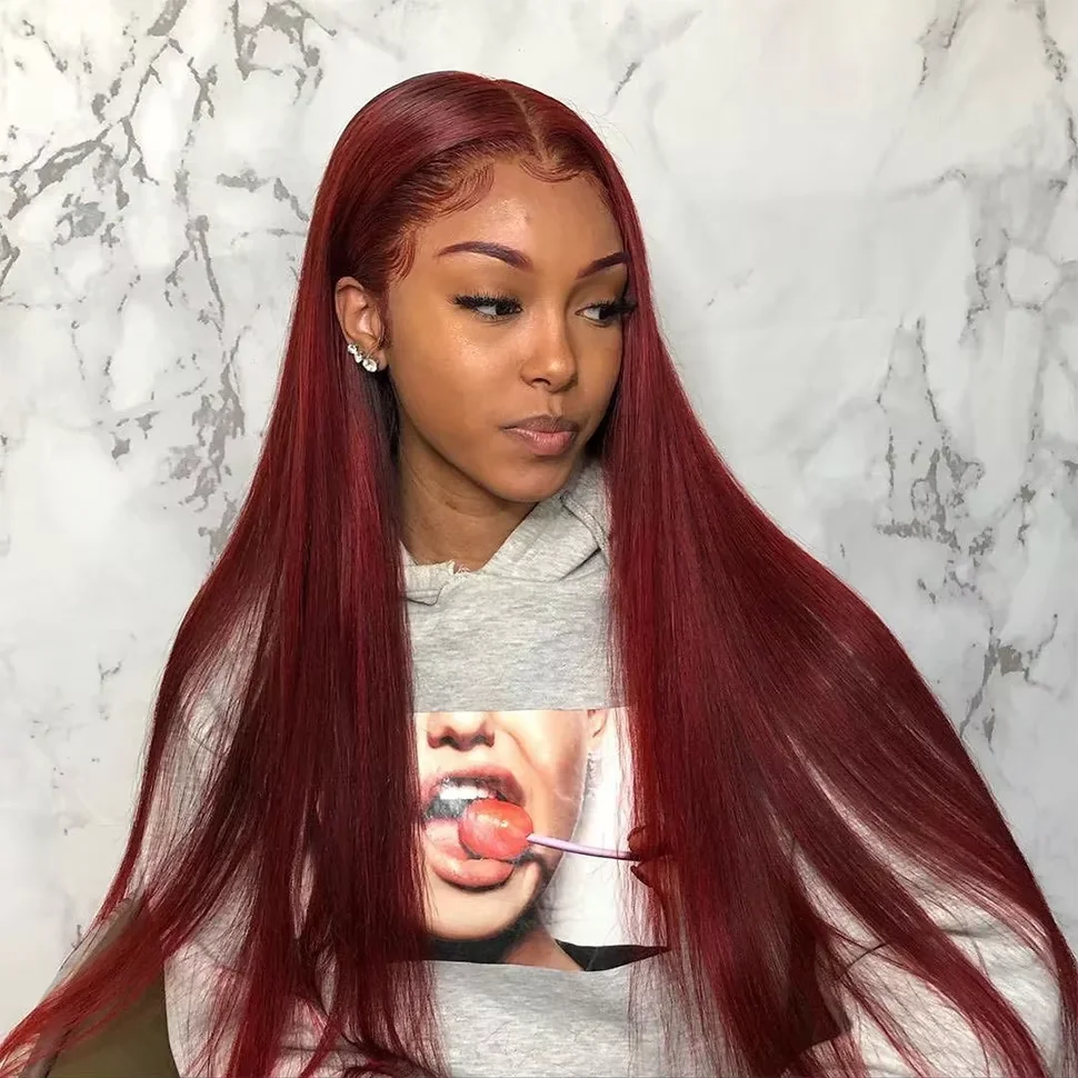 13x4 HD Transparent Lace 99J Burgundy Straight Wig Pre Plucked Hairline 200Density Silky Strands Easy To Restyle Suitable For Daily And Party