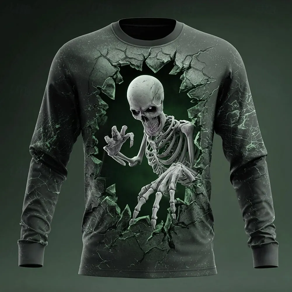 Men's 3D T-shirt long-sleeved T-shirt round neck top fashion Halloween abstract skull horror street casual daily autumn new