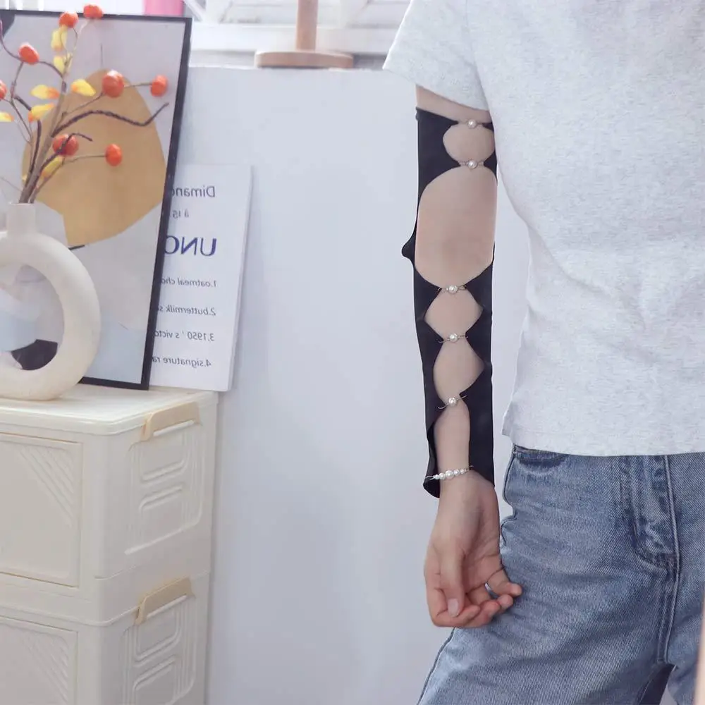 UV Protection Cool Black Punk Arm Sleeves Thin Springy Pearl Half Finger Arm Cover Leg Socks Y2K Hollowed Calf Sleeve Girls