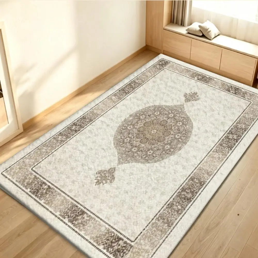 Vintage Light Beige Distressed Medallion Area Rug, Non-Slip Washable Square Carpet for Living Room Bedroom Indoor Home Decoration