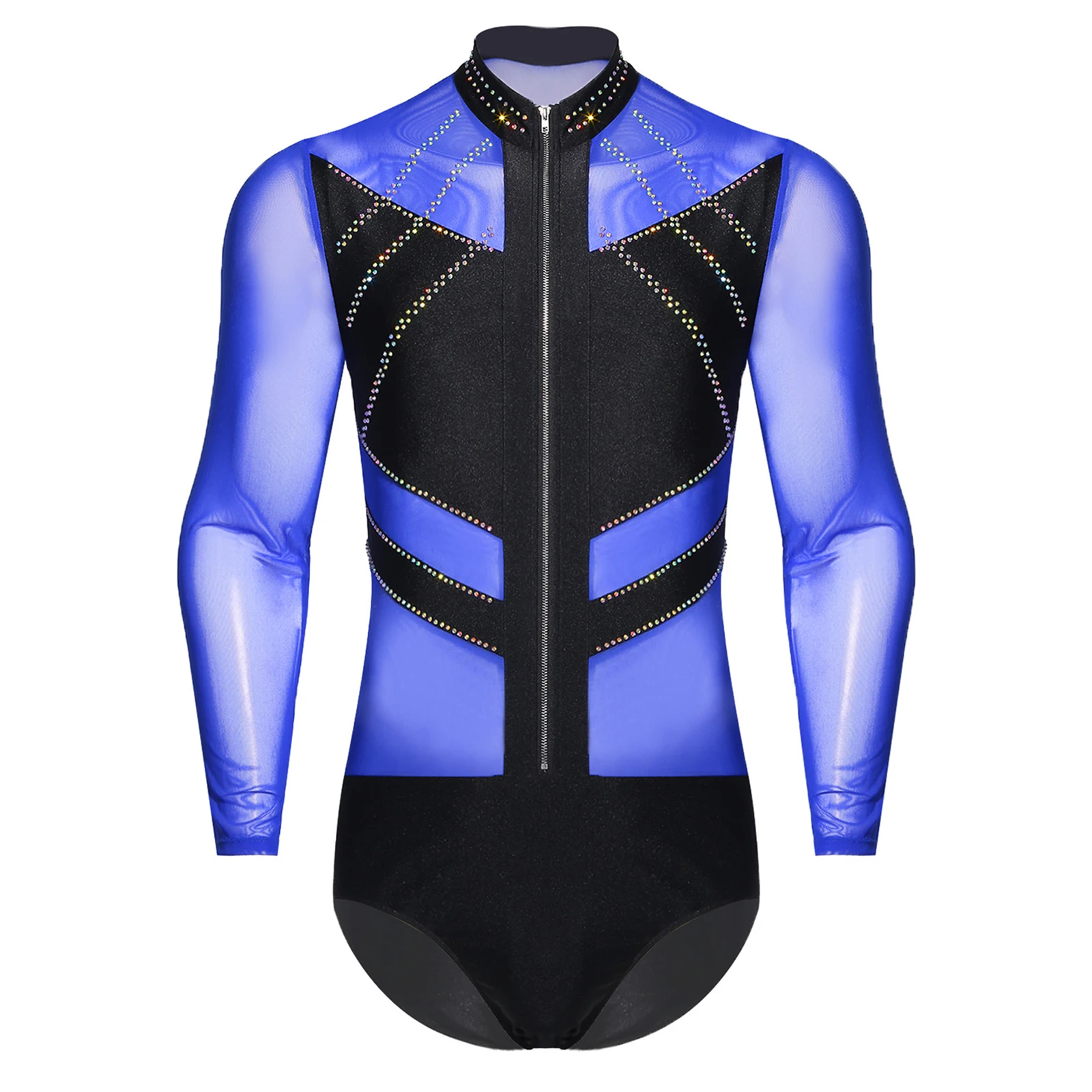 

Mens Sheer Mesh Tango Latin Dance Bodysuit Long Sleeve Front Zip Openable Crotch Leotard for Latin Ballet Dance Figure Skating