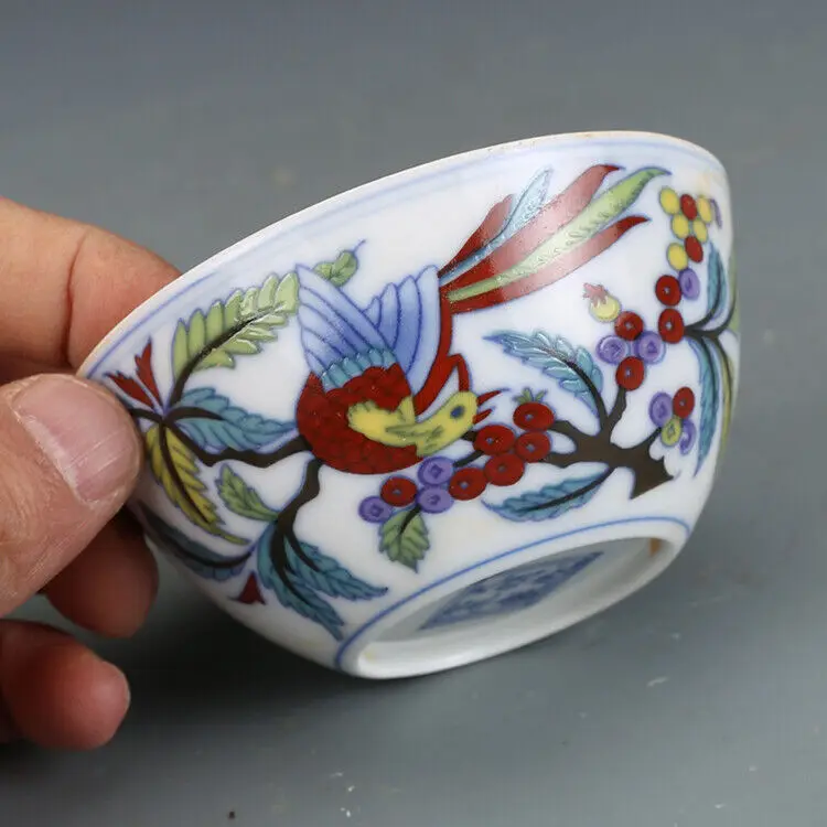 Chinese Blue and White Doucai Porcelain Ming Chenghua Phoenix Teacup Cup 3.15